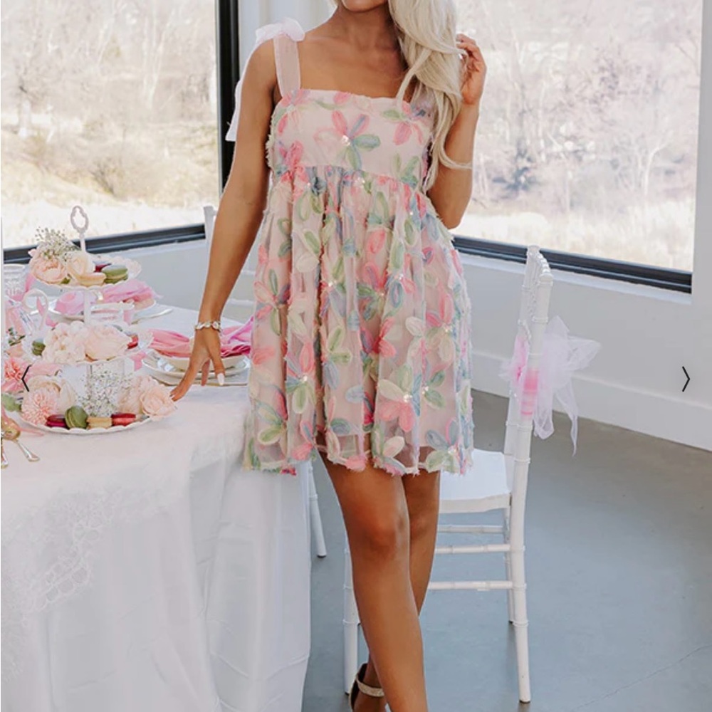 Pastel Floral Sheer Tie-Shoulder Dress - Pink Multi - Picture 6 of 10